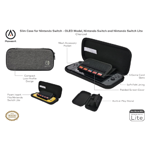 PowerA Slim Case for Nintendo Switch - OLED Model, Nintendo Switch or Nintendo Switch Lite – Charcoal