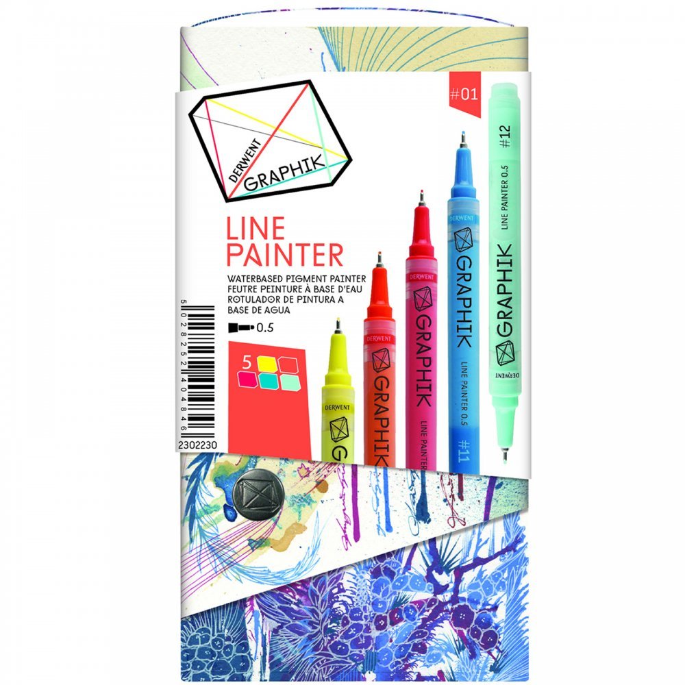 Derwent Graphic Line Painter Coloured Pen Set, Pack of 5 (Palette No.1)