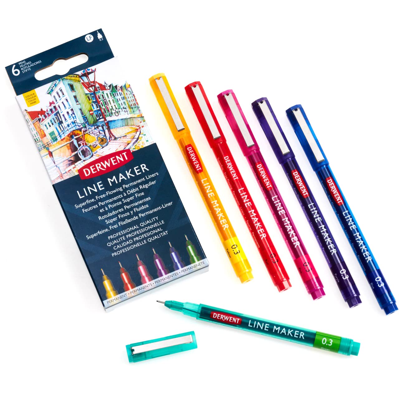 Derwent Line Maker Drawing Pens Superfine Free-Flowing Permanent Liners, Colour (Set of 6)