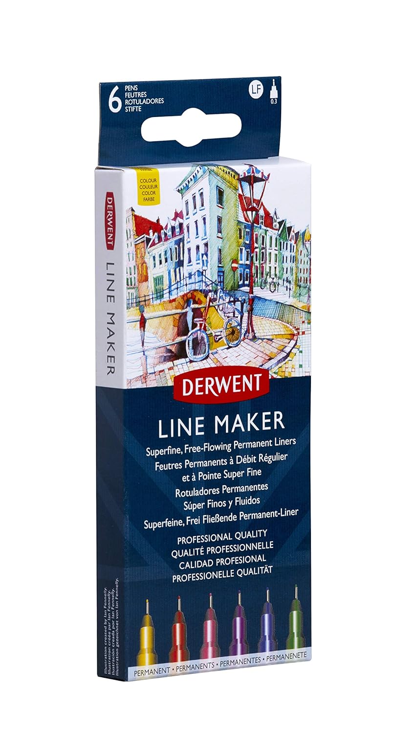 Derwent Line Maker Drawing Pens Superfine Free-Flowing Permanent Liners, Colour (Set of 6)