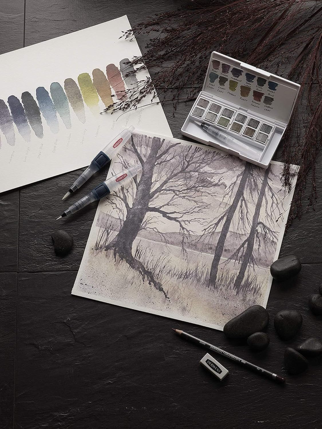 Derwent Graphitint Paint Pan Palette, Includes Graphitint Paint Pan, Mini Waterbrush, Sponge, Mixing Palette (Set of 12)