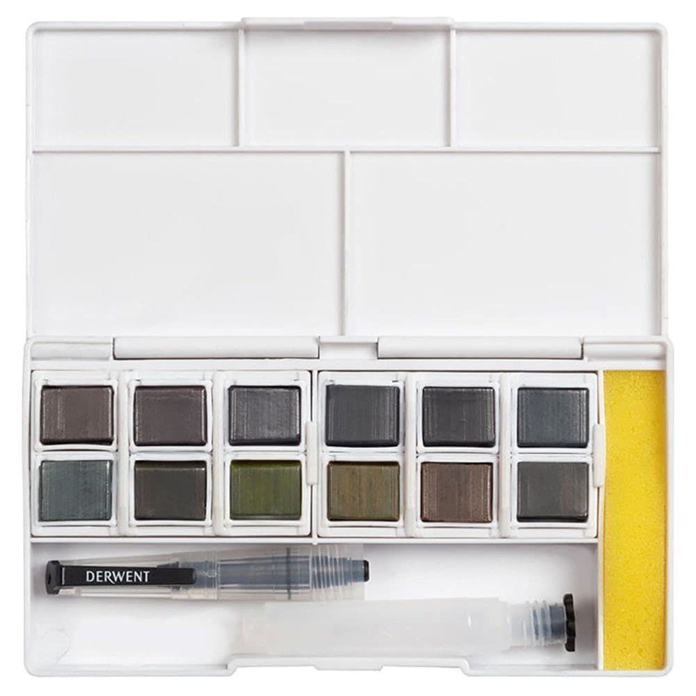 Derwent Graphitint Paint Pan Palette, Includes Graphitint Paint Pan, Mini Waterbrush, Sponge, Mixing Palette (Set of 12)
