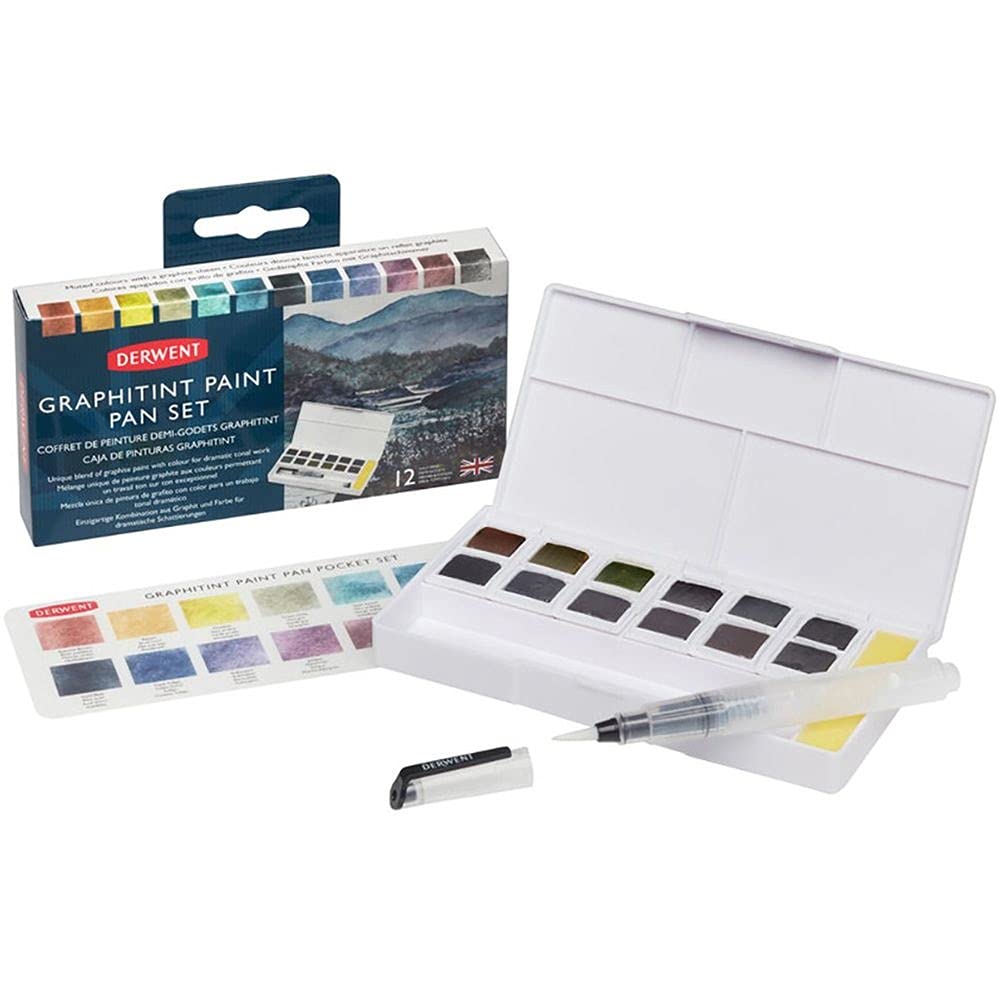 Derwent Graphitint Paint Pan Palette, Includes Graphitint Paint Pan, Mini Waterbrush, Sponge, Mixing Palette (Set of 12)