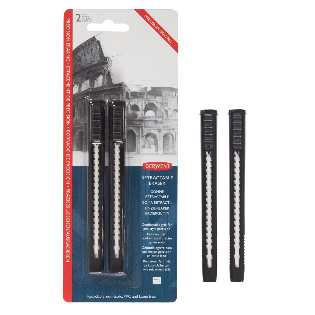 Derwent Retractable Eraser with Comfortable Grip for Pen Style Precision (Pack of 2)