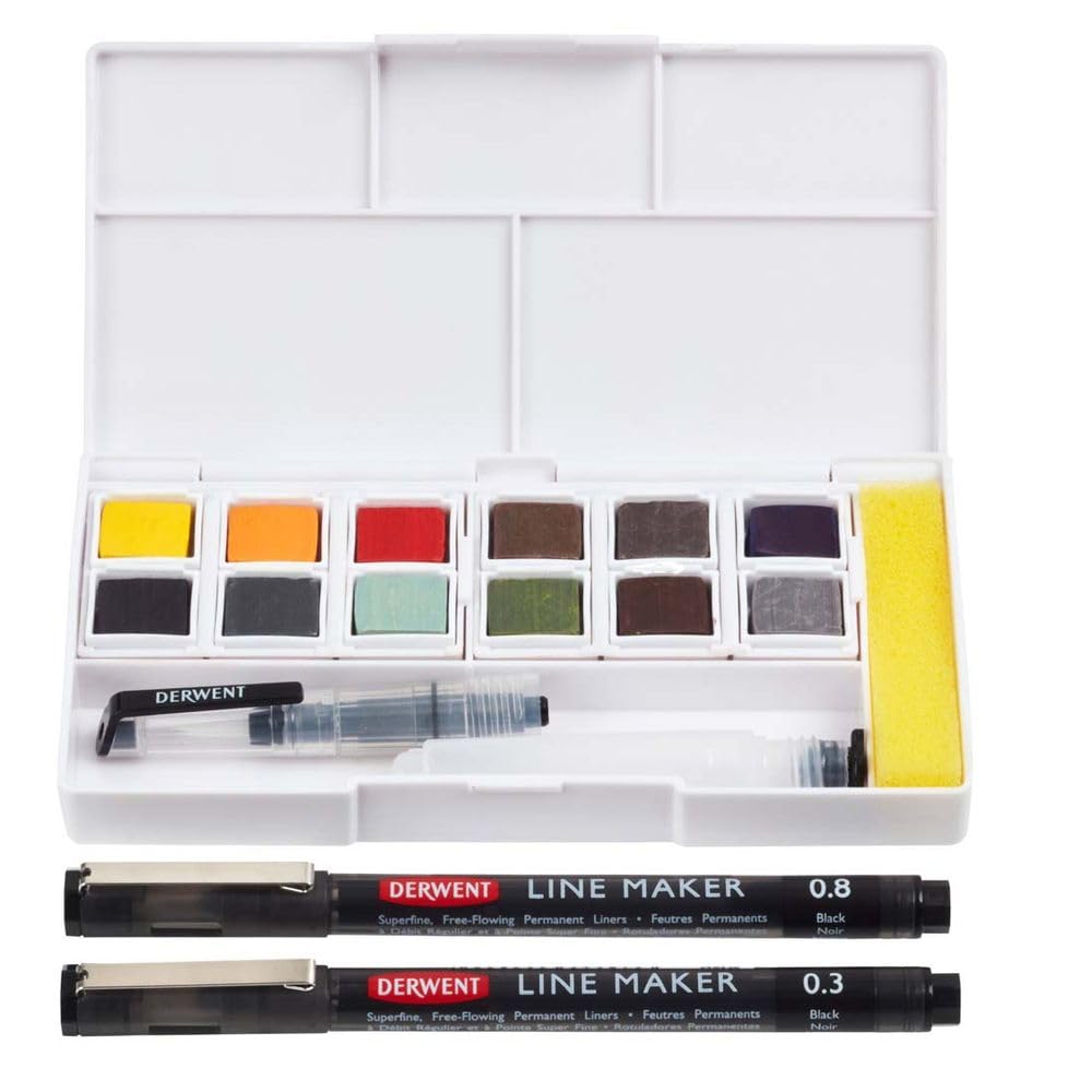 Derwent Line and Wash Paint Pan Set with Line Maker Pens (6 Inktense Paints, 4 Graphitint Paints, 2 Pastel Shades Paints), Multicolour