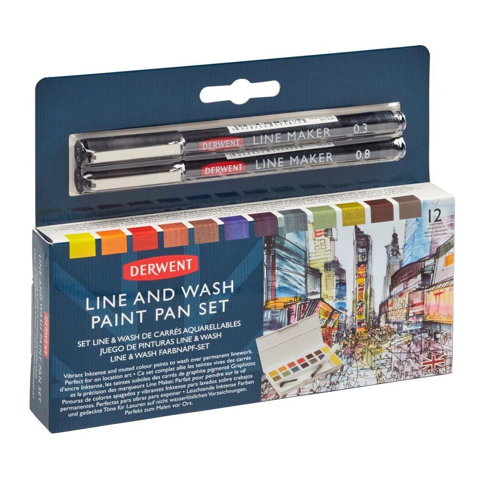 Derwent Line and Wash Paint Pan Set with Line Maker Pens (6 Inktense Paints, 4 Graphitint Paints, 2 Pastel Shades Paints), Multicolour