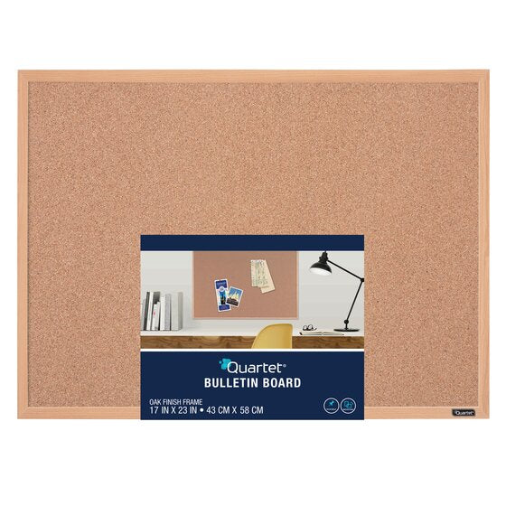 Quartet Cork Bulletin Board, 23" x 35", Oak Finish Frame