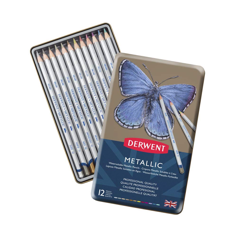 Derwent Metallic Watercolour Pencils, Traditional and Multicolour, Watersoluble, Professional Quality (Set of 12)