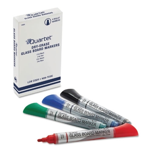 Quartet Premium Glass Board Dry-Erase Markers, Bullet Tip, Assorted Colors, 4 Pack