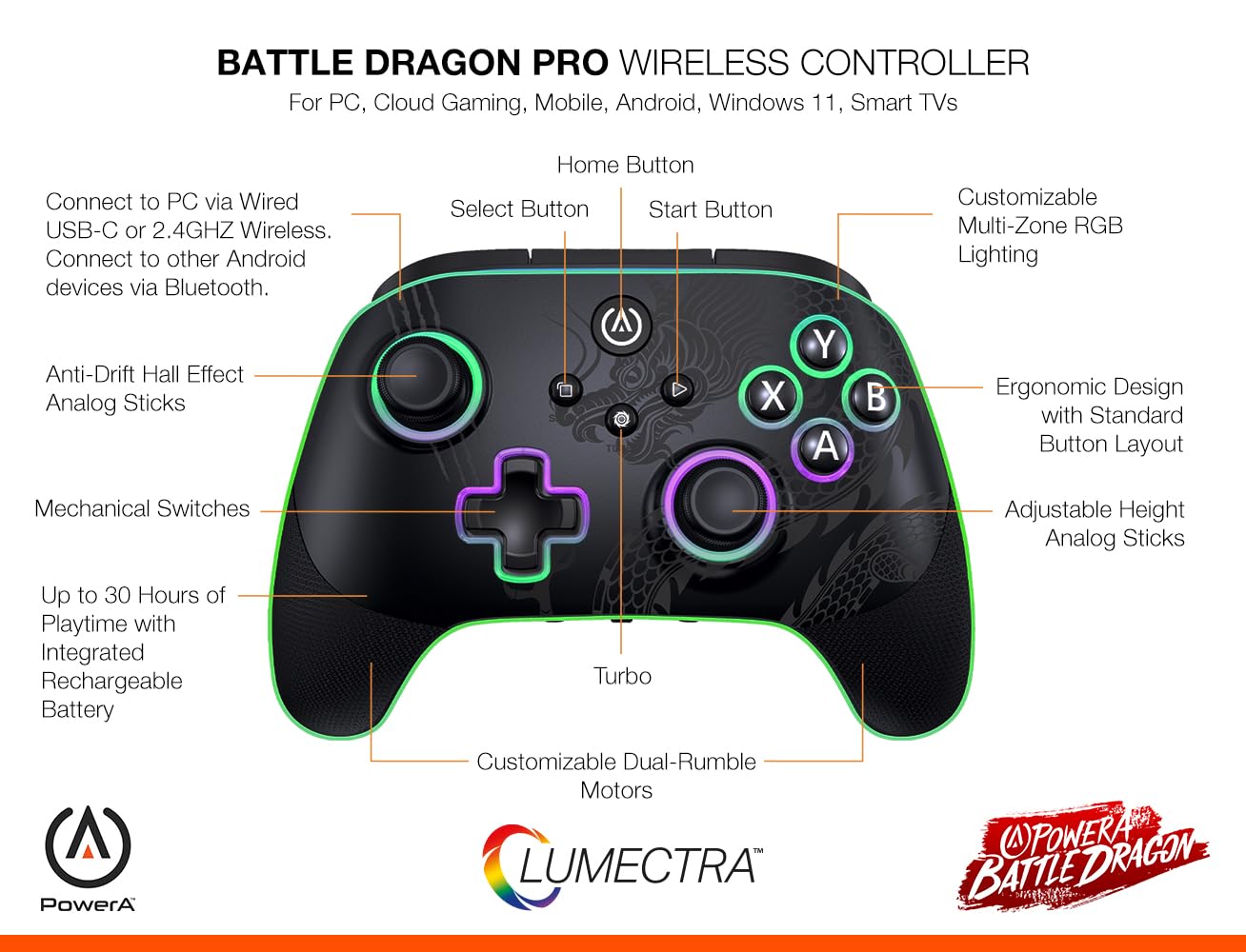 PowerA Battle Dragon™ Pro Wireless Controller with Lumectra for PC & Cloud Gaming (Not for iOS)