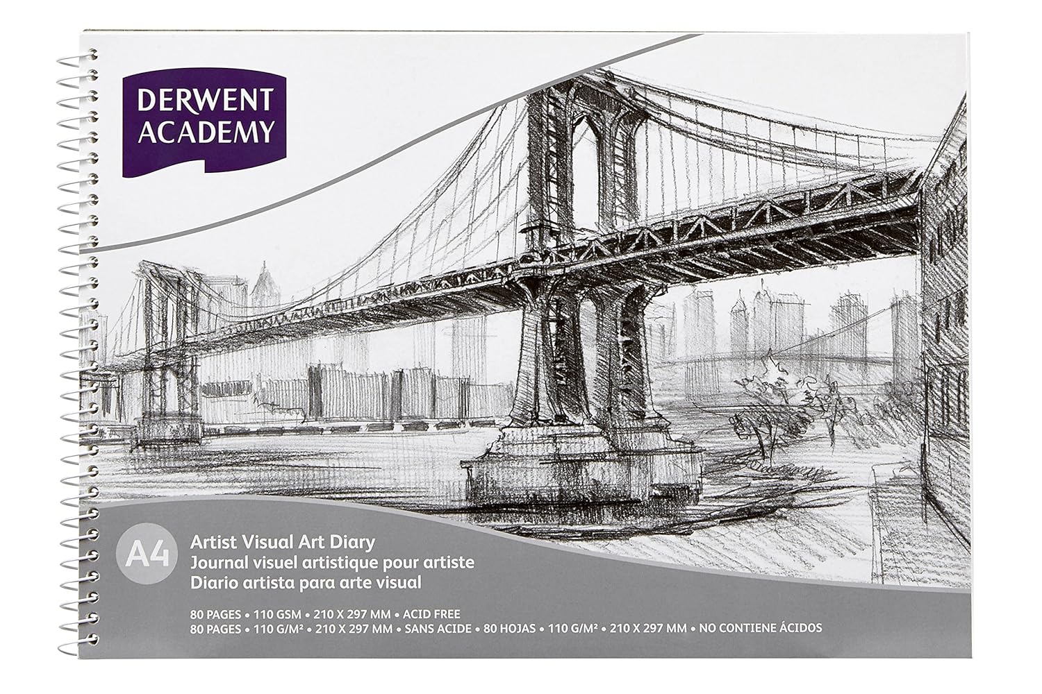 Derwent Academy Visual Art Diary Sketch Pad 80 Pages, 110 GSM (A4 Landscape) - Paper, Gouache, Watercolor, Acrylic