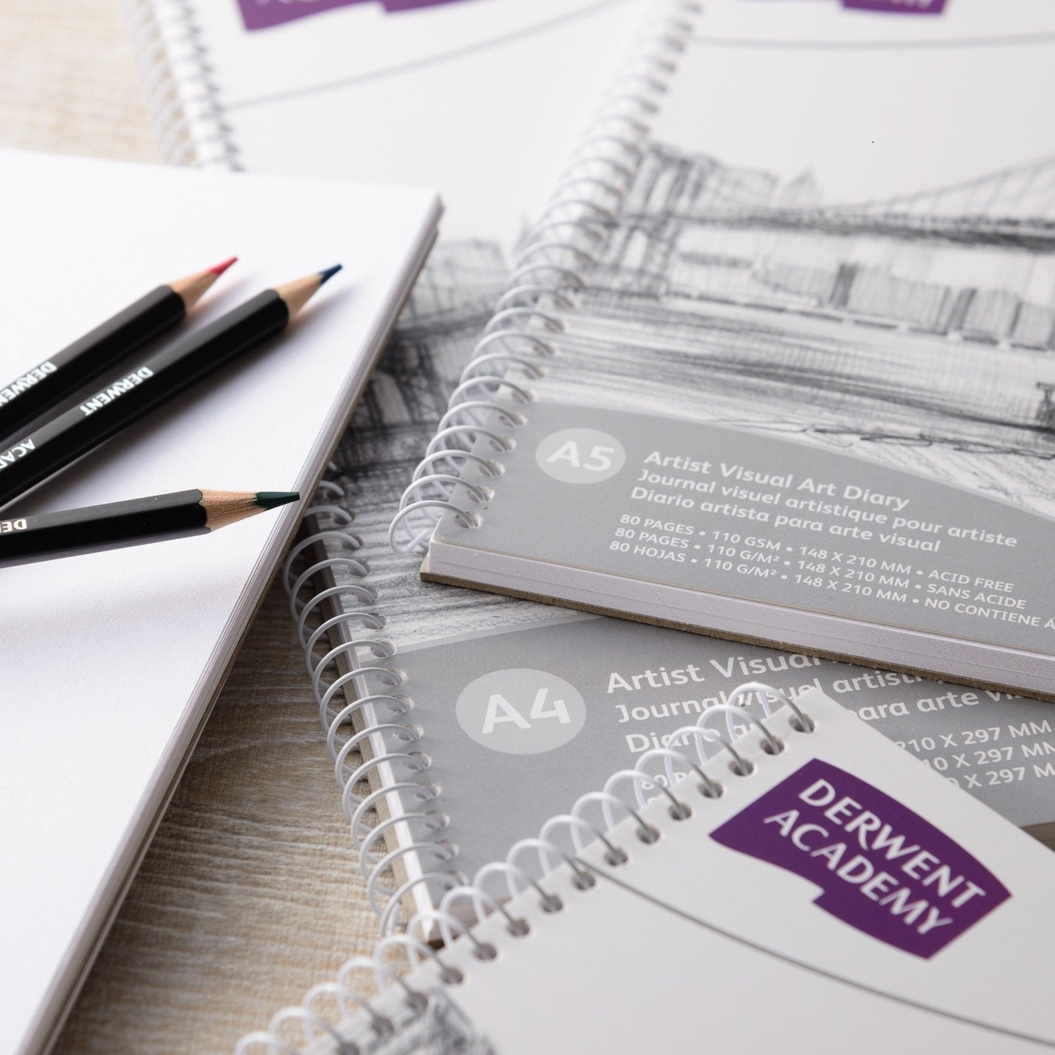 Derwent Academy Visual Art Diary Sketch Pad 80 Pages, 110 GSM (A4 Landscape) - Paper, Gouache, Watercolor, Acrylic