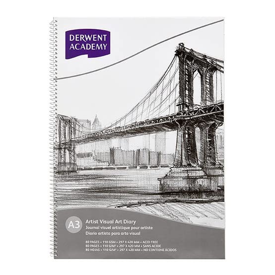 Derwent Academy Visual Art Diary Sketch Pad, 110 GSM Acid Free Paper 80 Pages (A3 Portrait)