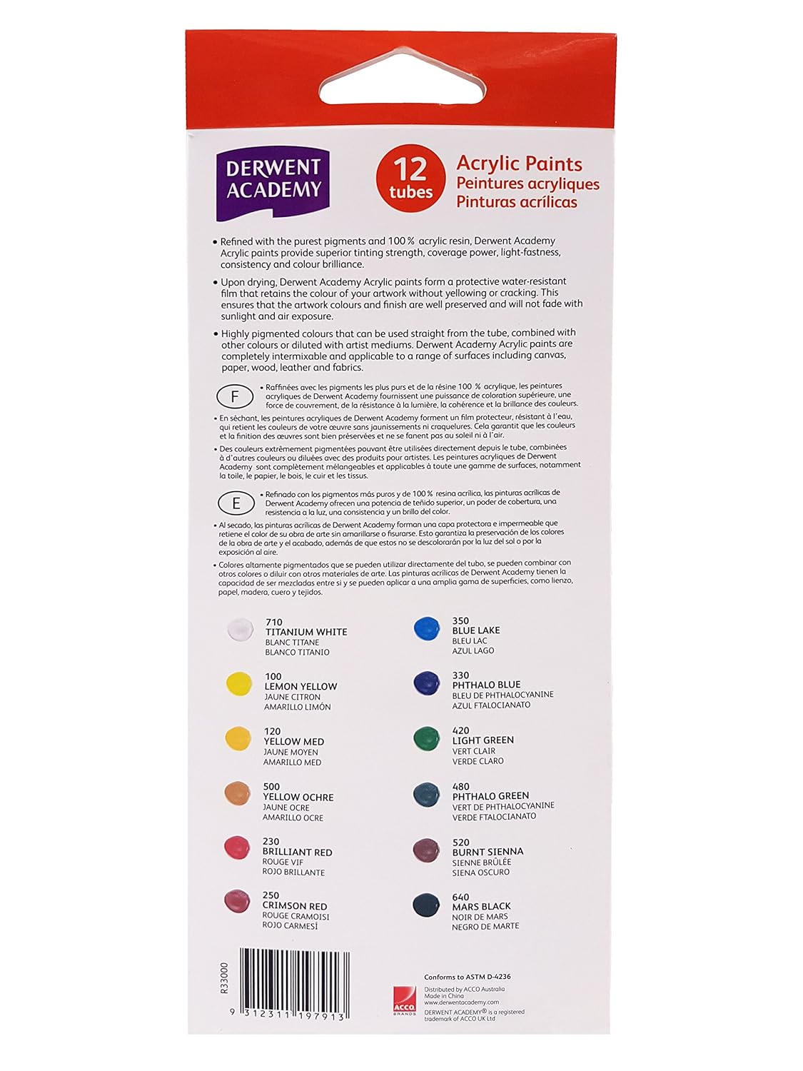 Derwent Academy Acrylic Paints 12Ml (Pack of 12), Multicolor